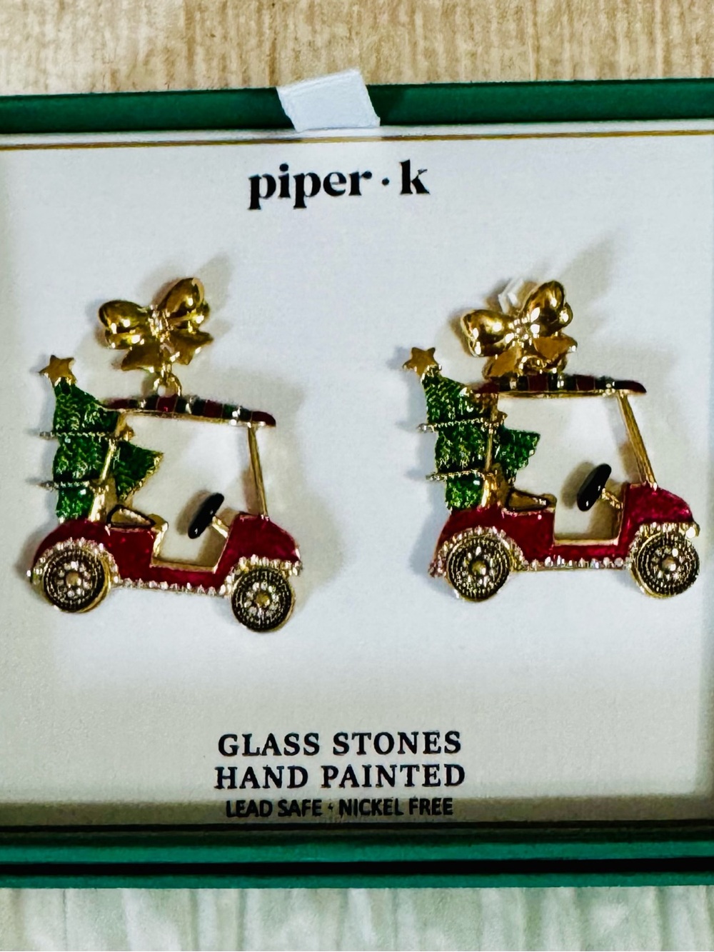 Piper K Gold Red and Green Golf Cart Earrings